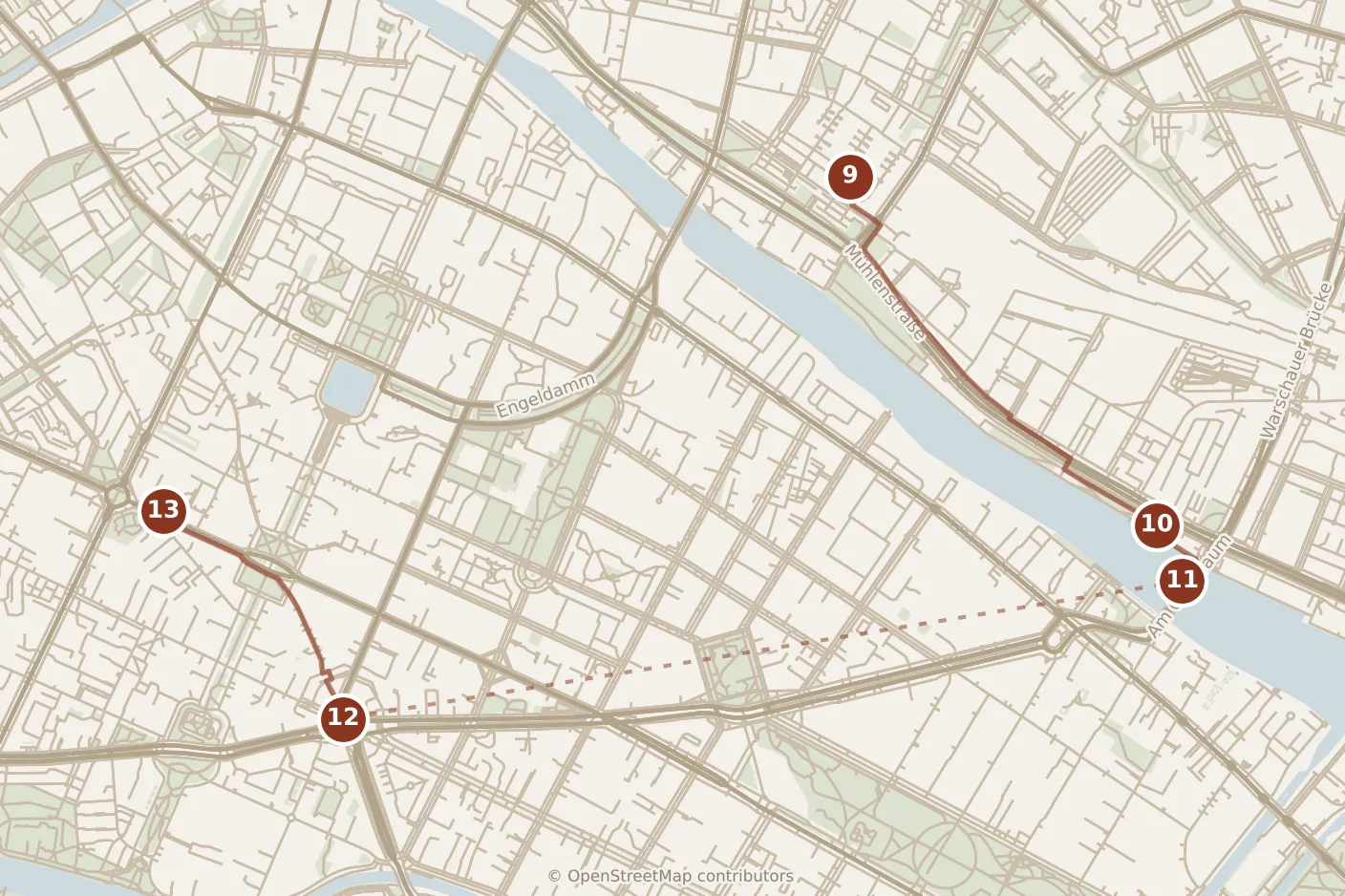 Map of Berlin, evening: stops 9–13, numbered in walking order.