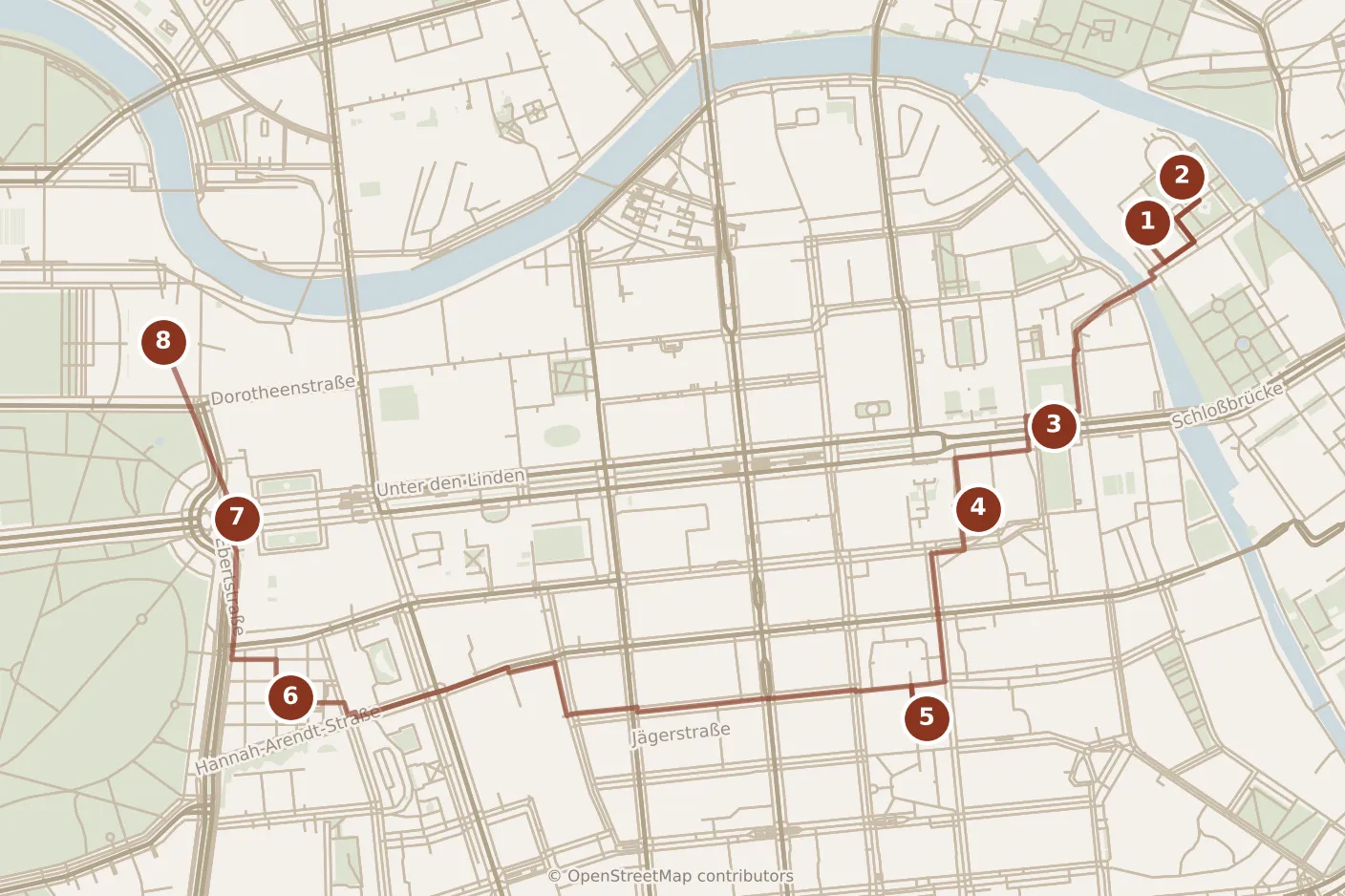 Map of Berlin, day one: stops 1–8, numbered in walking order.