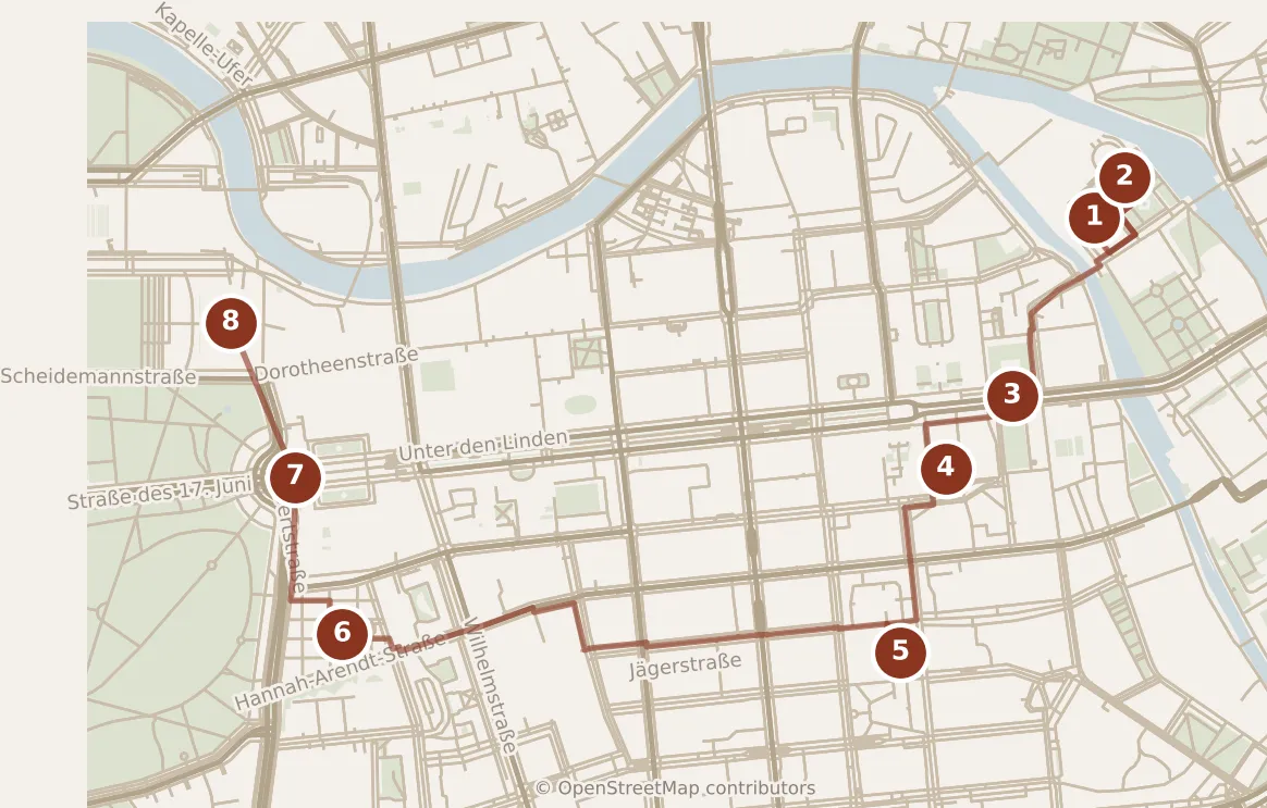 Map of Berlin, day one: stops 1–8, numbered in walking order.