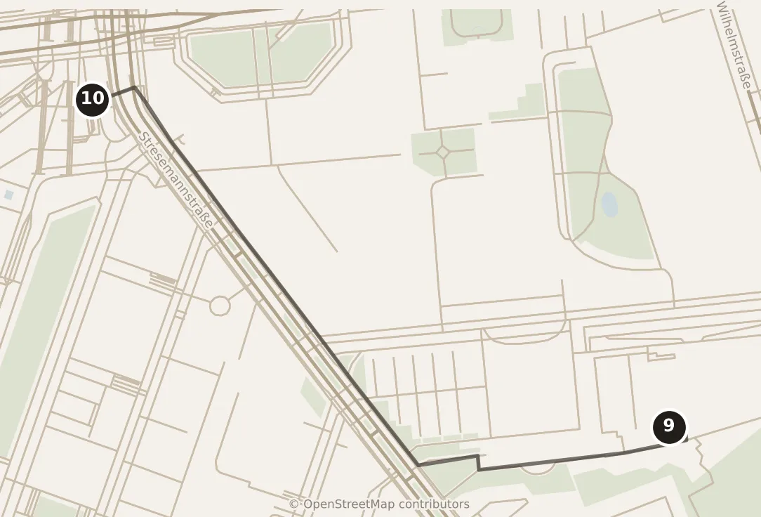 Map of Berlin, morning: stops 9–10, numbered in walking order.