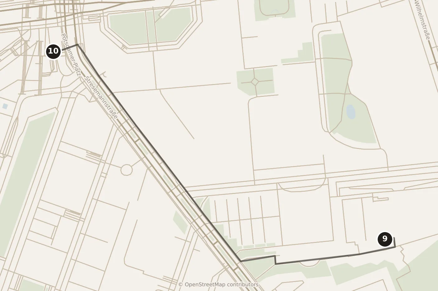 Map of Berlin, morning: stops 9–10, numbered in walking order.