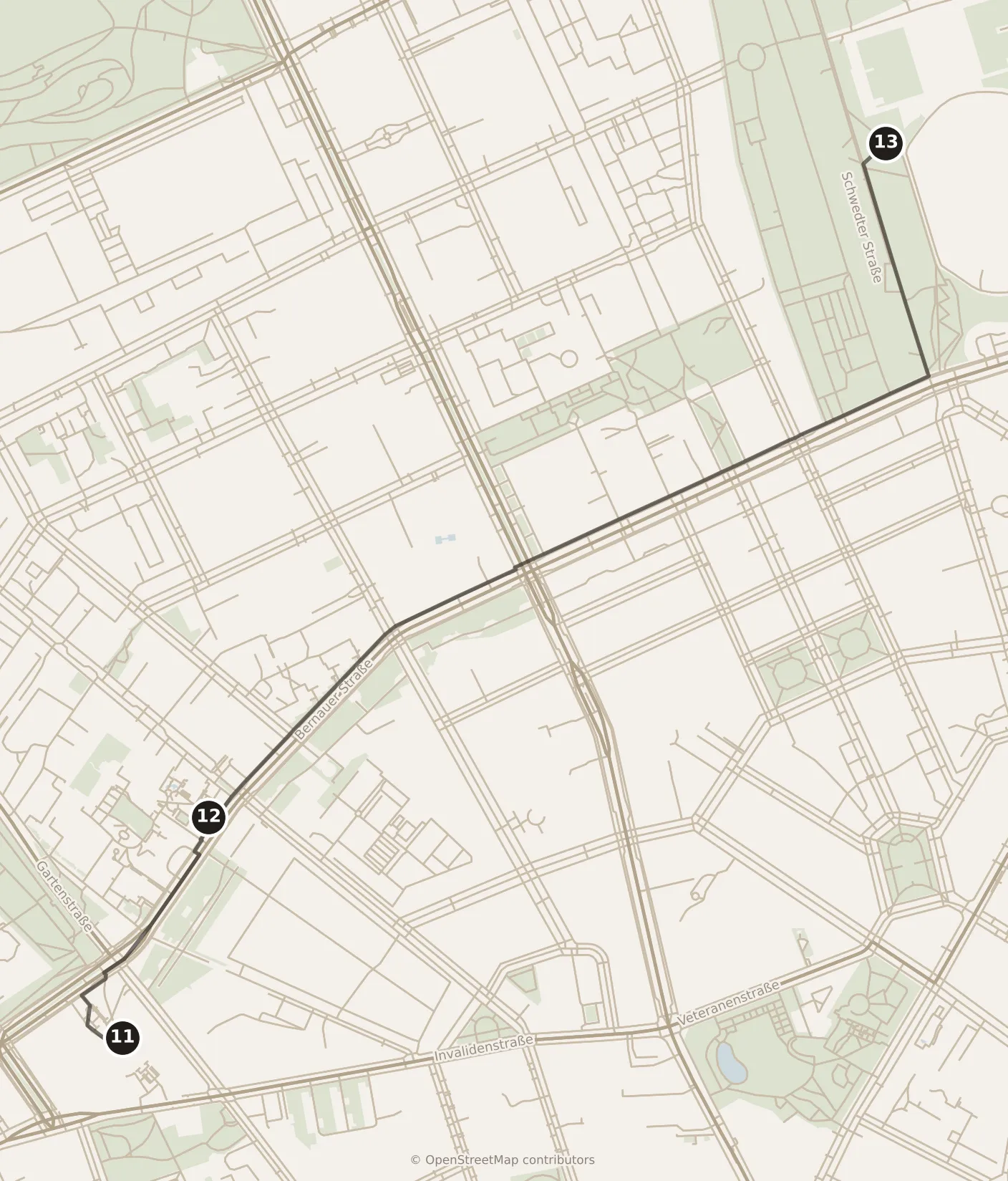 Map of Berlin, afternoon: stops 11–13, numbered in walking order.