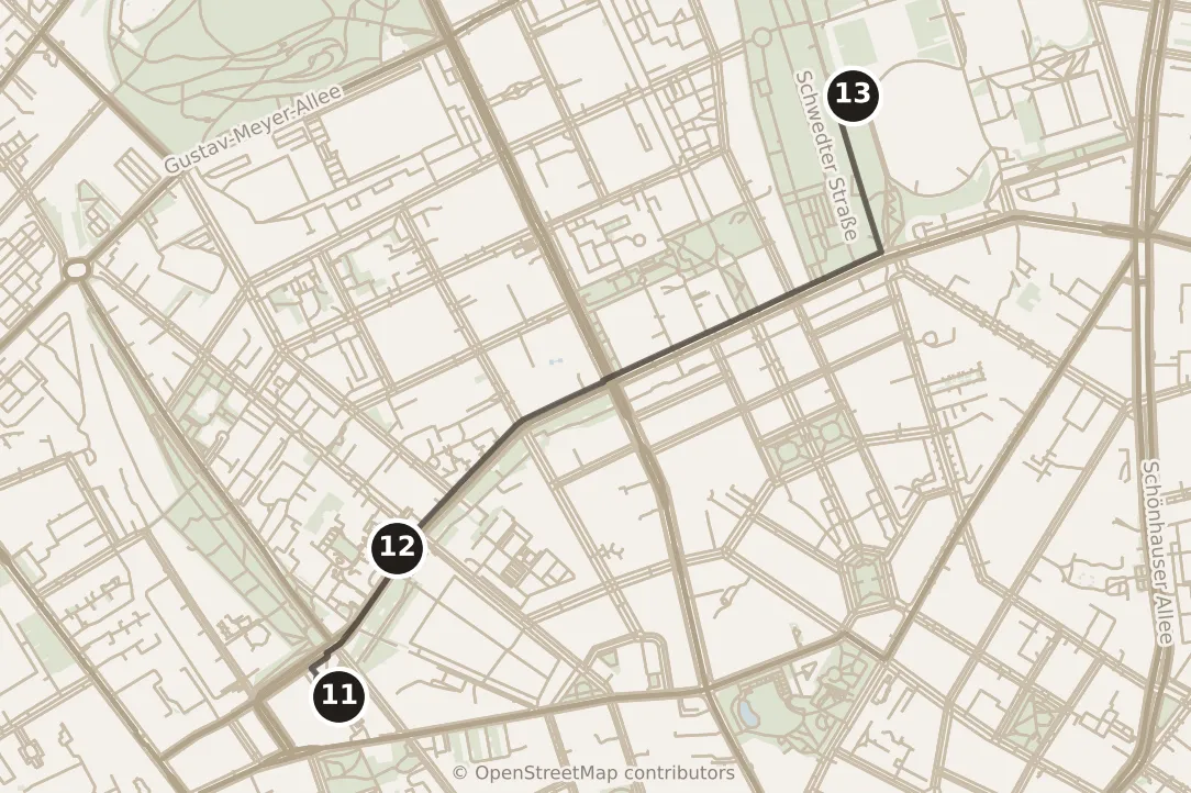 Map of Berlin, afternoon: stops 11–13, numbered in walking order.