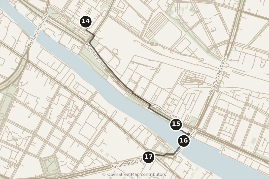 Map of Berlin, evening: stops 14–17, numbered in walking order.