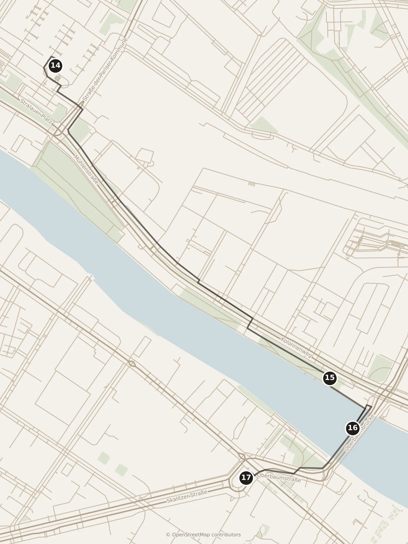 Map of Berlin, evening: stops 14–17, numbered in walking order.