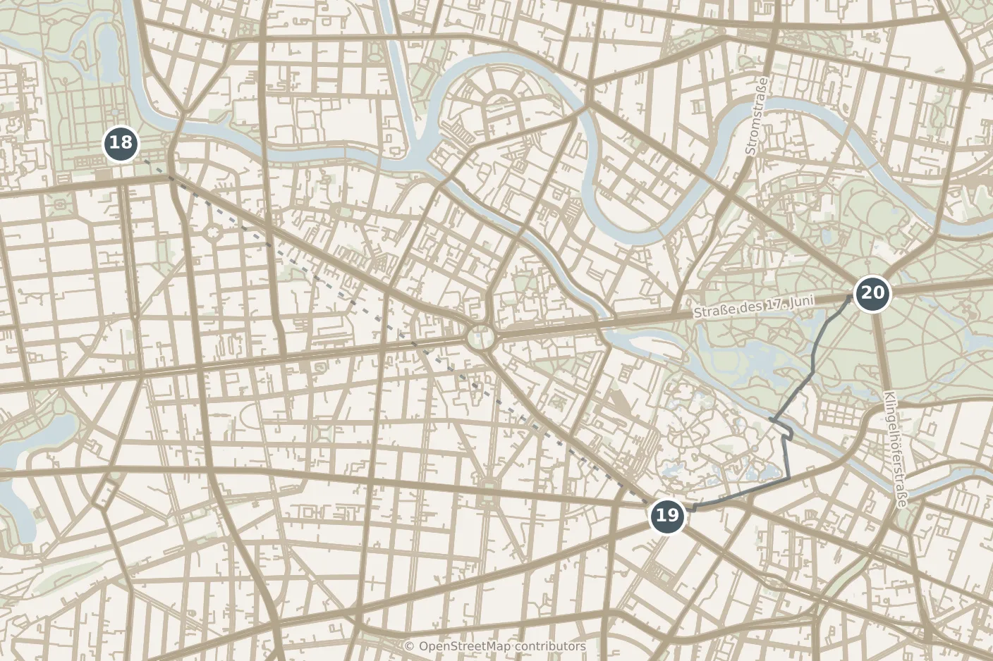 Map of Berlin, with a third day: stops 18–20, numbered in walking order.