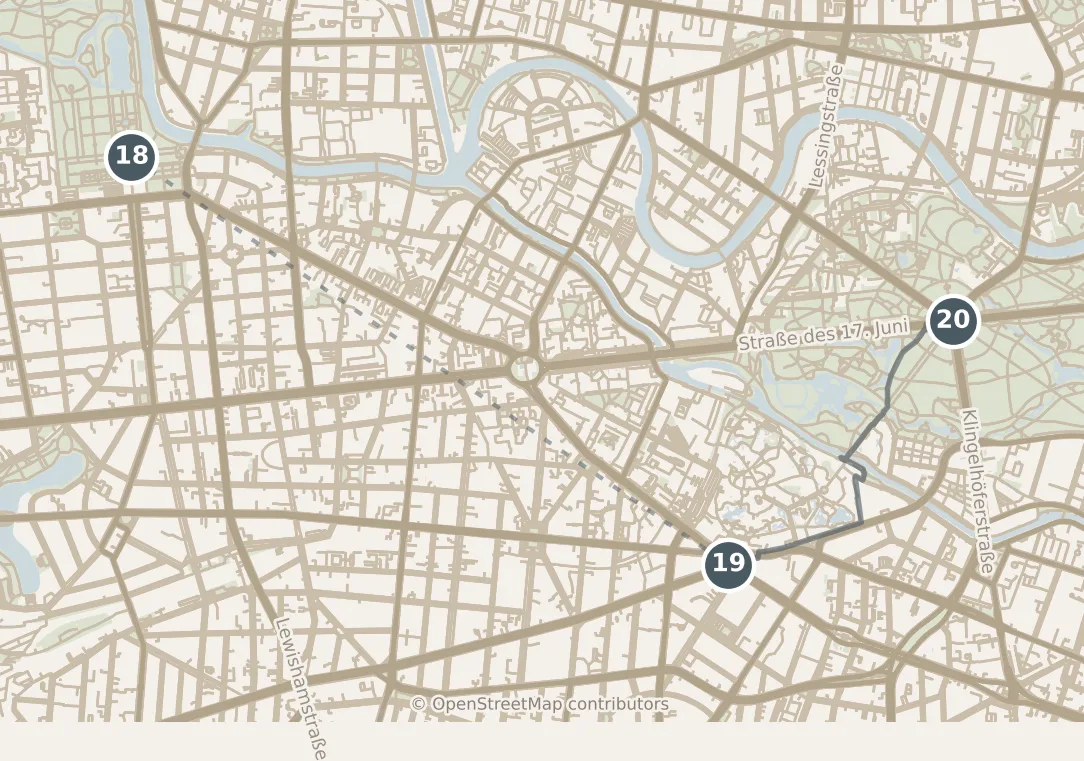 Map of Berlin, with a third day: stops 18–20, numbered in walking order.