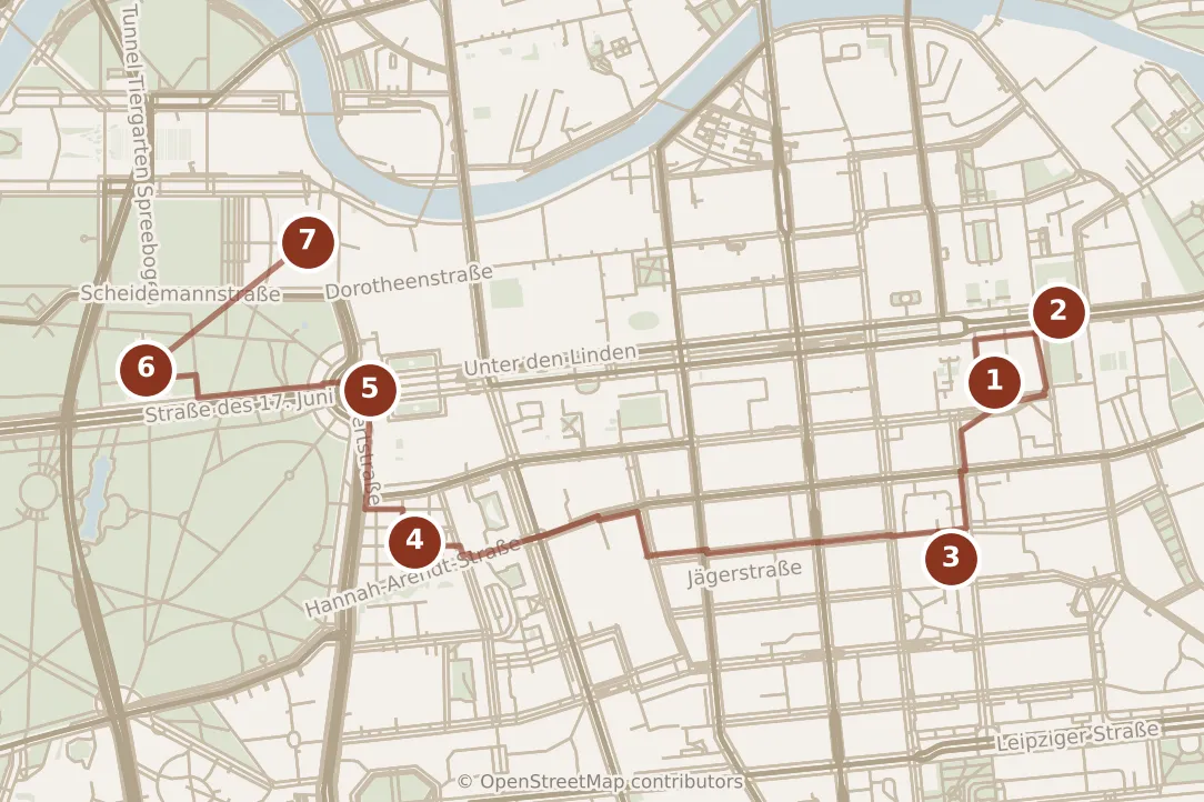Map of Berlin, day one: stops 1–7, numbered in walking order.