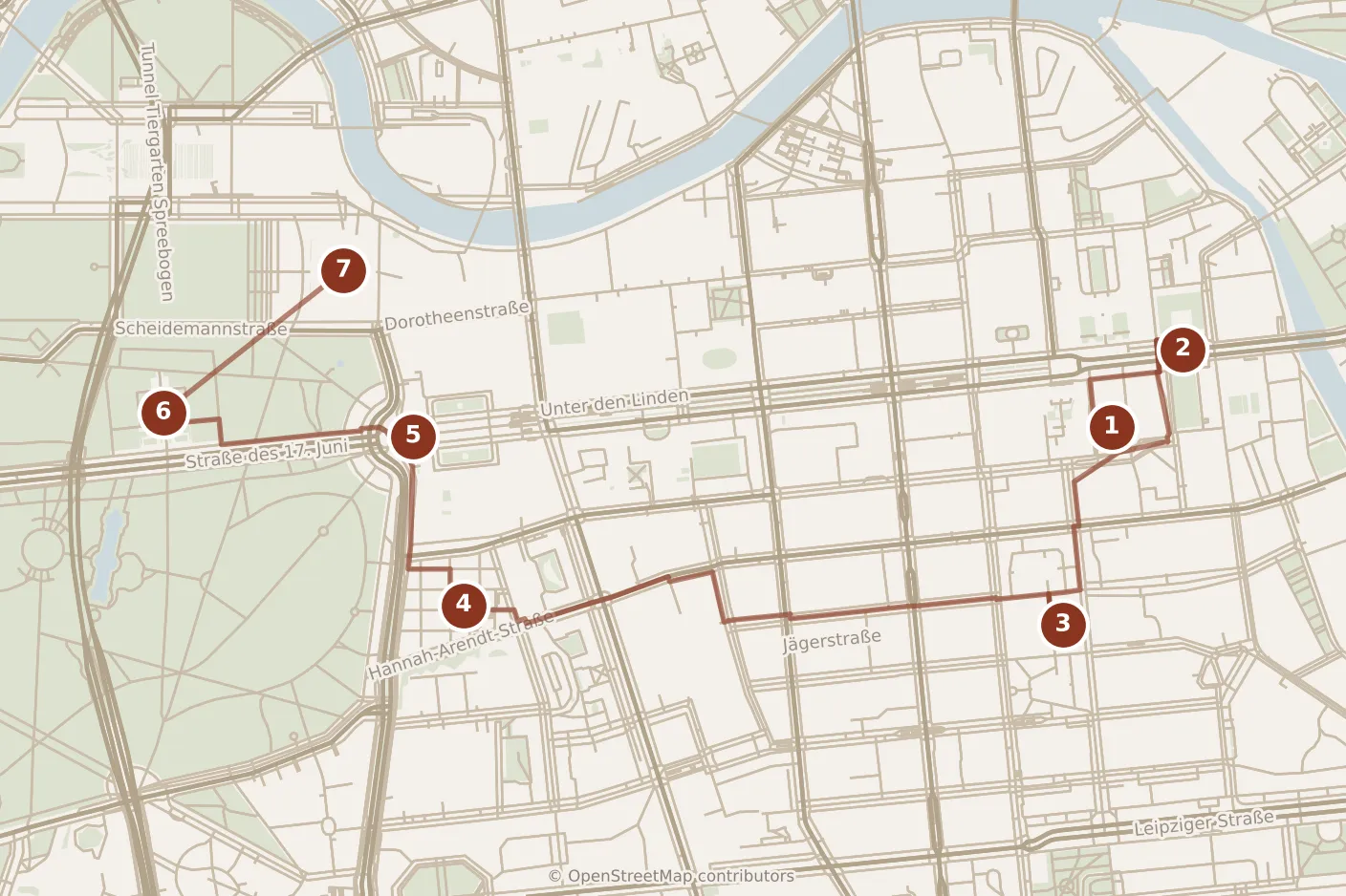 Map of Berlin, day one: stops 1–7, numbered in walking order.