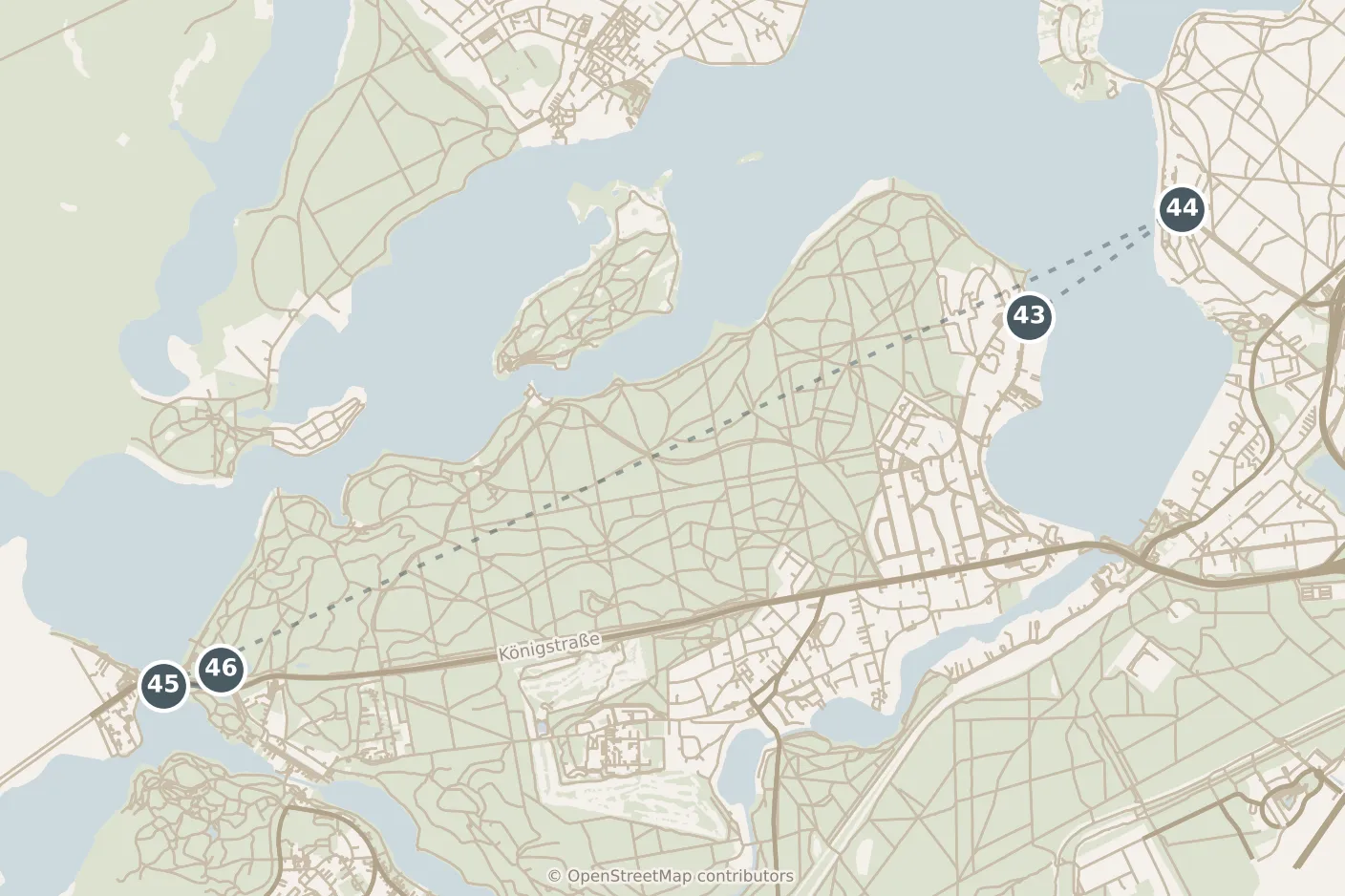 Map of Berlin, day seven · stops 43–46: stops 43–46, numbered in walking order.