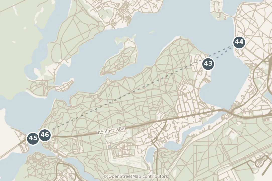 Map of Berlin, day seven · stops 43–46: stops 43–46, numbered in walking order.