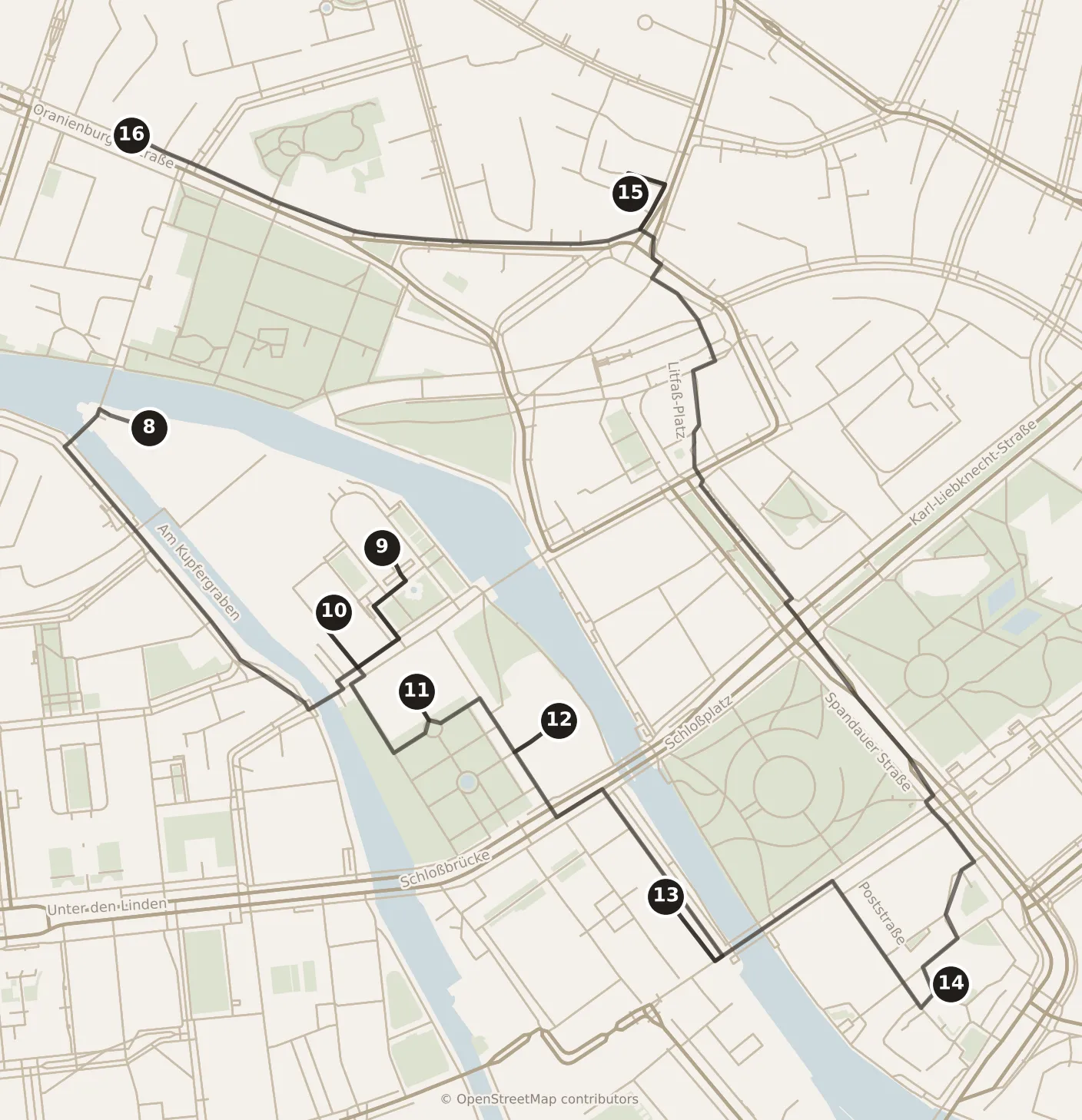 Map of Berlin, day two: stops 8–16, numbered in walking order.