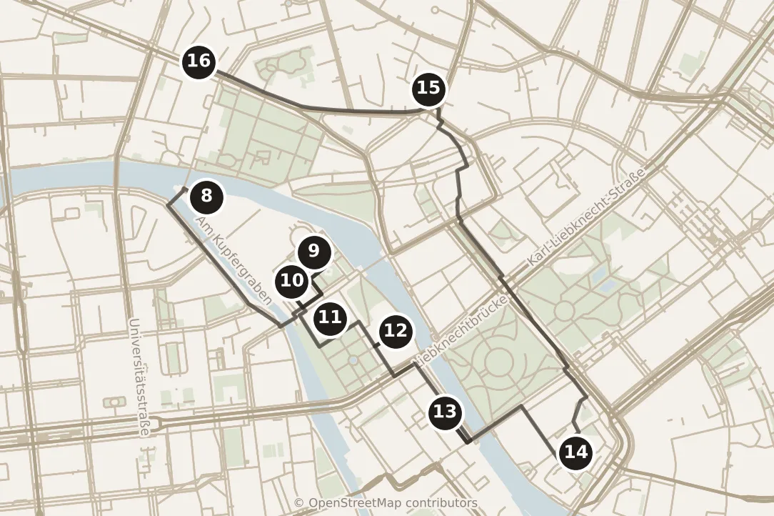 Map of Berlin, day two: stops 8–16, numbered in walking order.