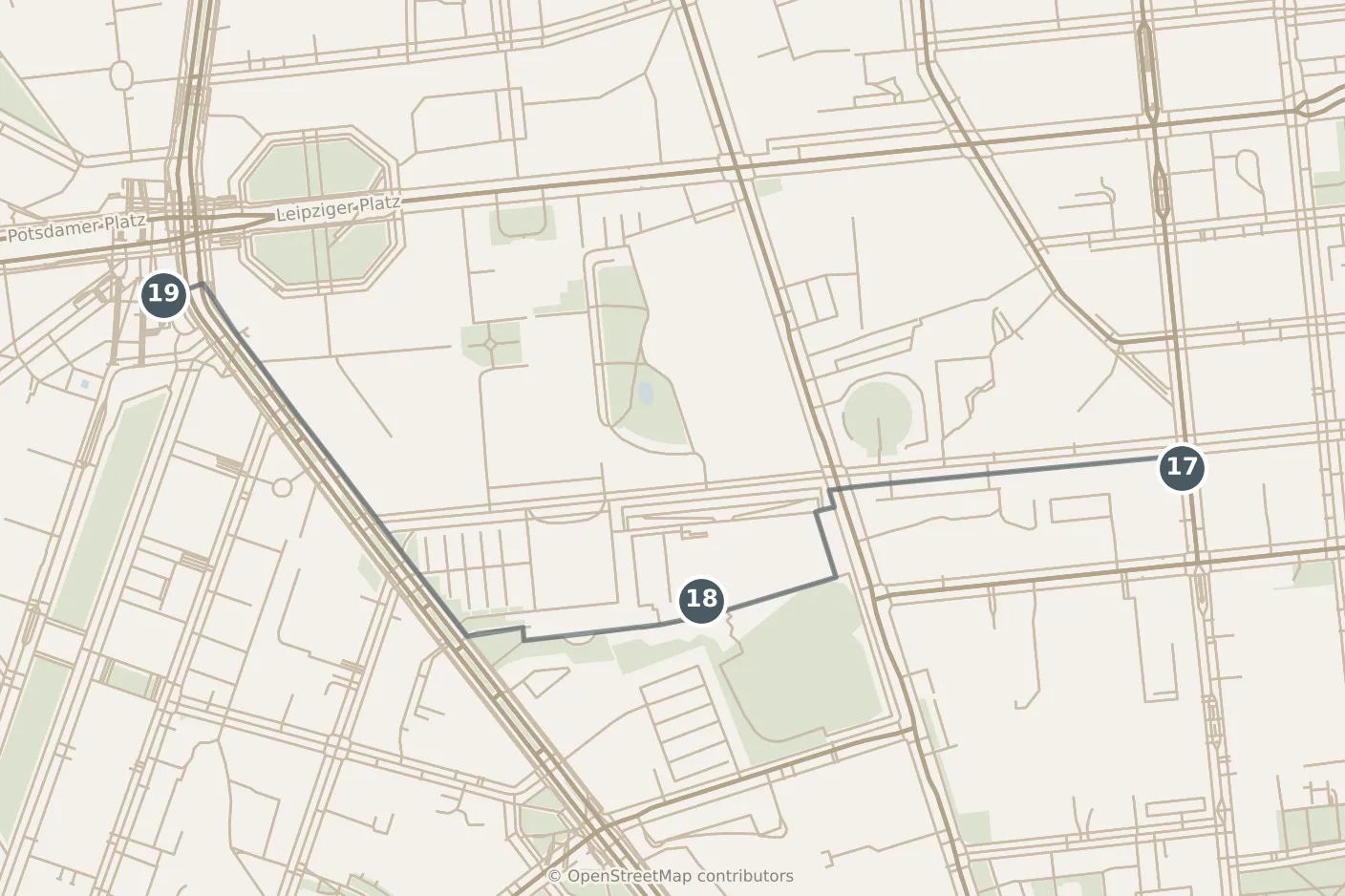 Map of Berlin, day three · stops 17–19: stops 17–19, numbered in walking order.