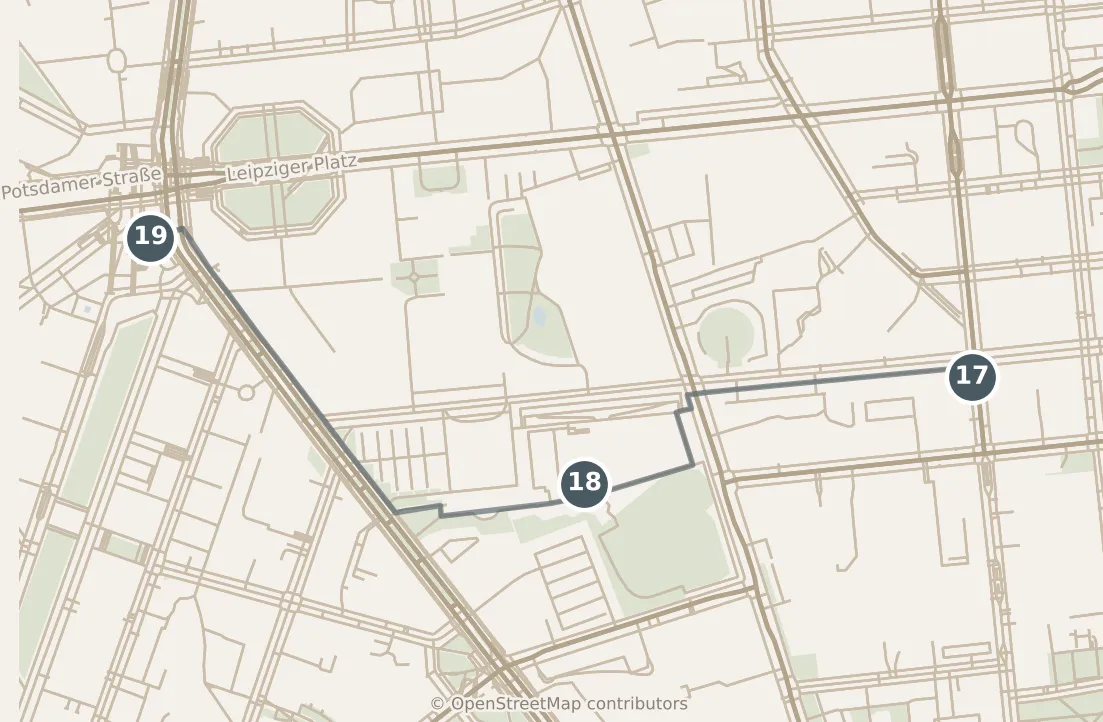 Map of Berlin, day three · stops 17–19: stops 17–19, numbered in walking order.