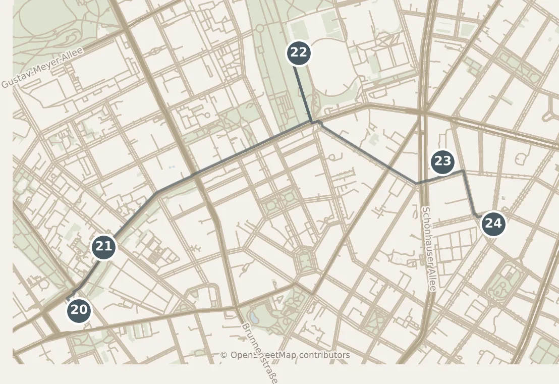 Map of Berlin, day three · stops 20–24: stops 20–24, numbered in walking order.