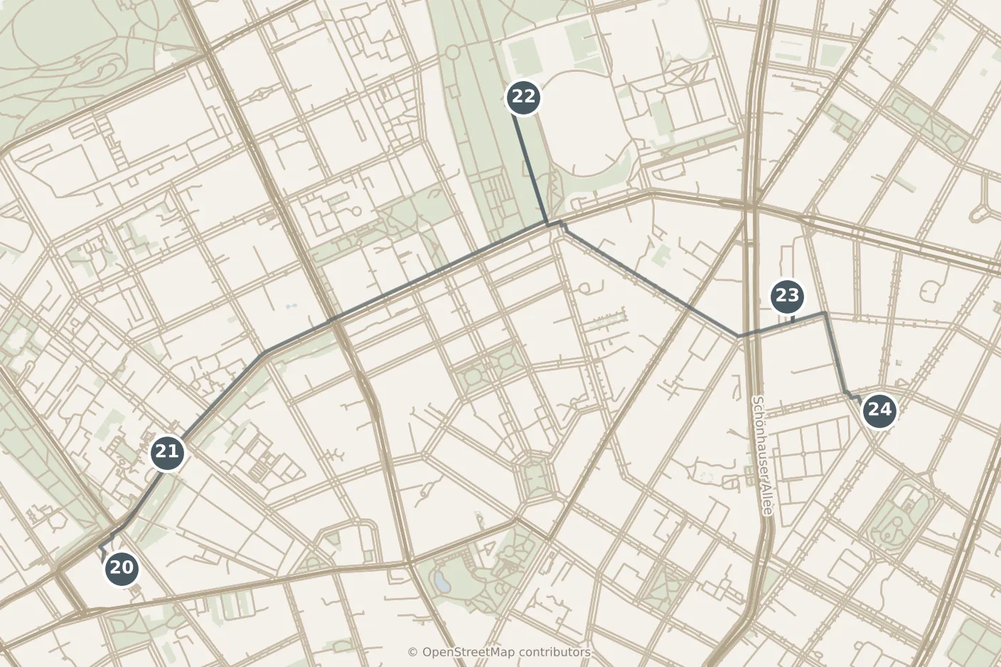 Map of Berlin, day three · stops 20–24: stops 20–24, numbered in walking order.