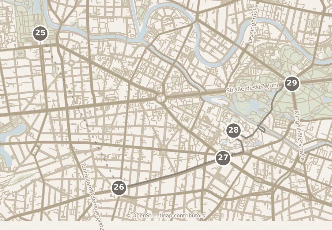 Map of Berlin, day four: stops 25–29, numbered in walking order.