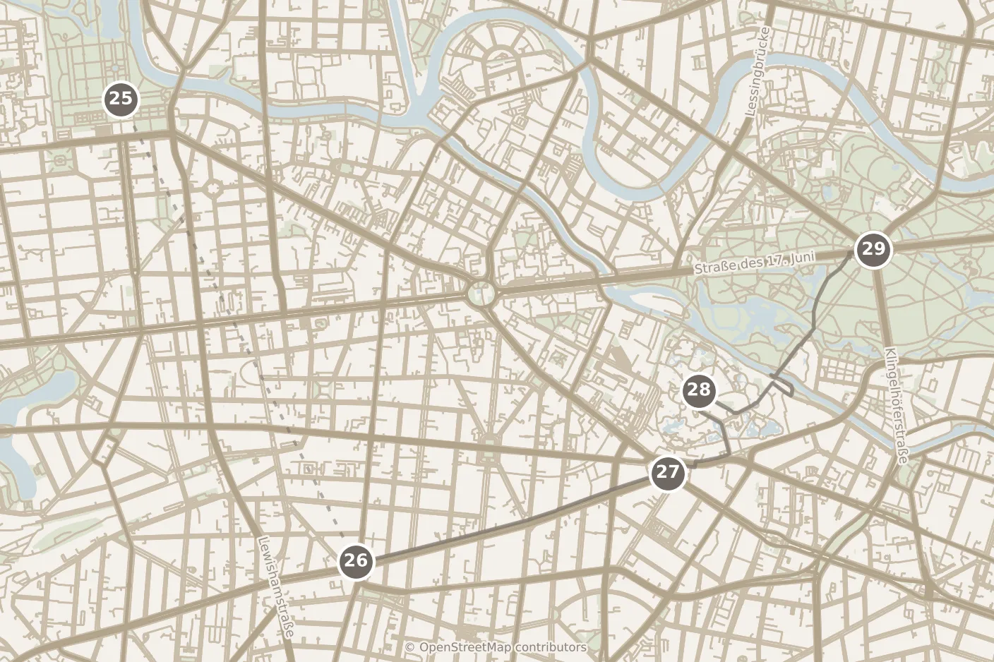 Map of Berlin, day four: stops 25–29, numbered in walking order.