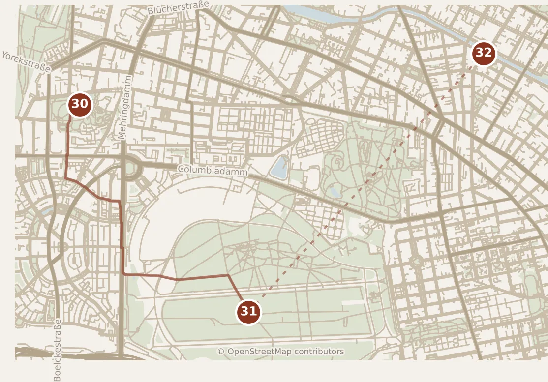 Map of Berlin, day five: stops 30–32, numbered in walking order.