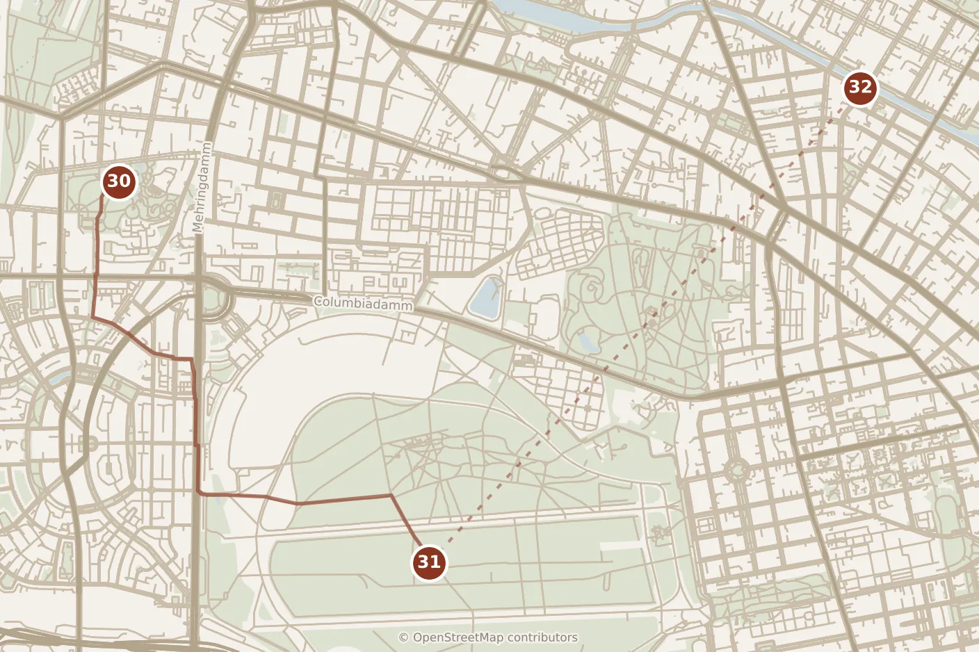 Map of Berlin, day five: stops 30–32, numbered in walking order.