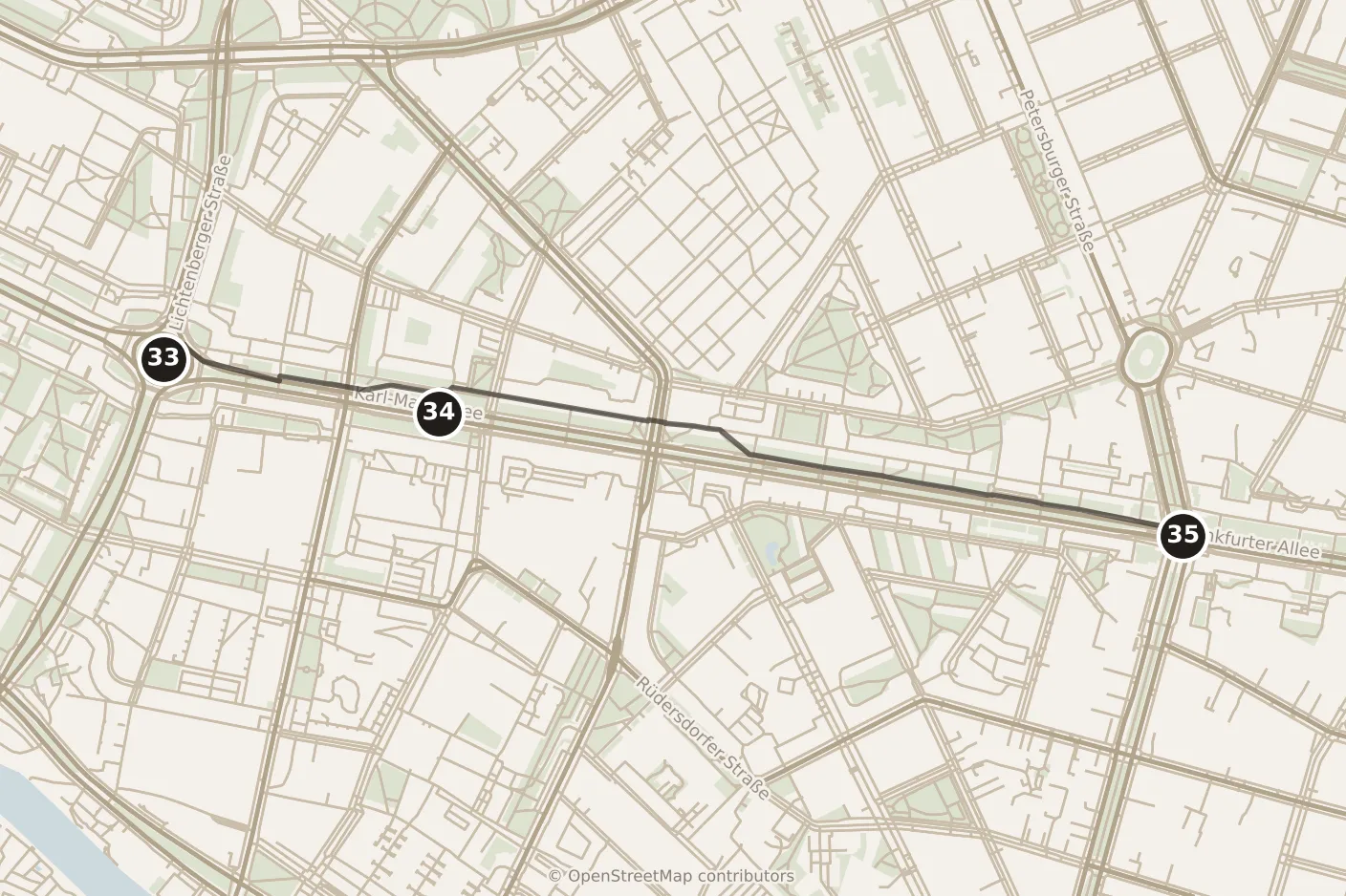 Map of Berlin, day six · stops 33–35: stops 33–35, numbered in walking order.