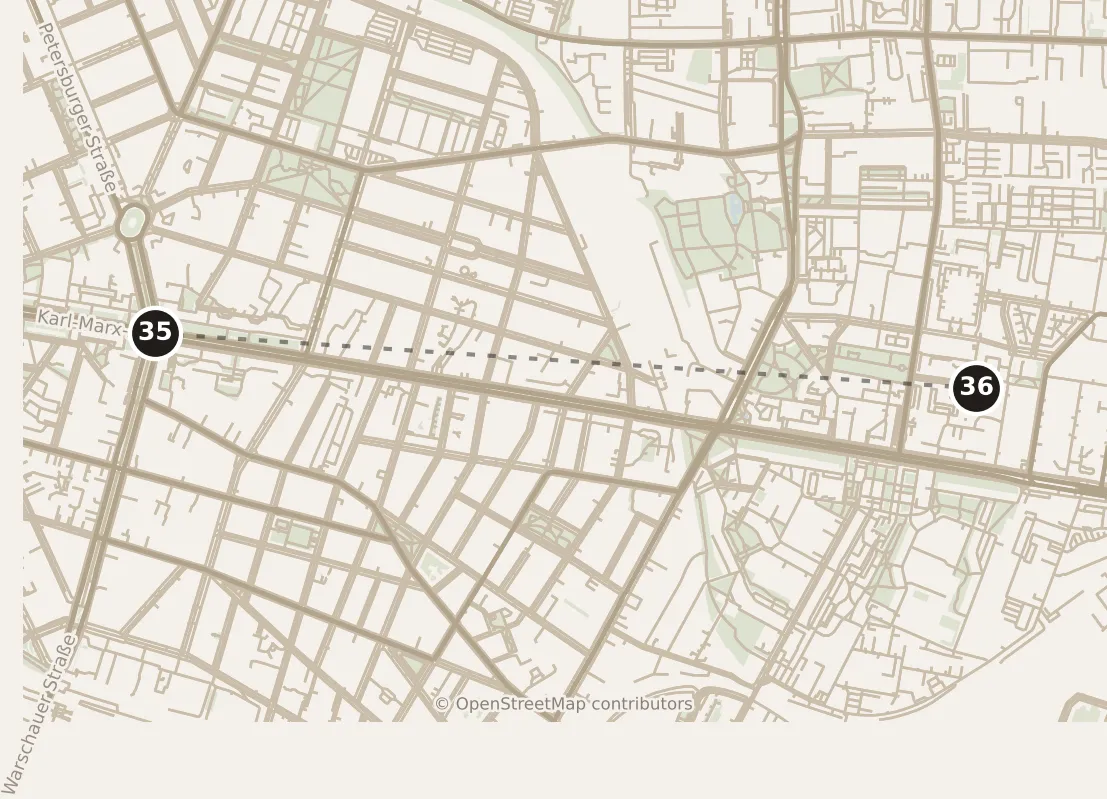 Map of Berlin, day six · stop 36: stop 36, numbered in walking order.