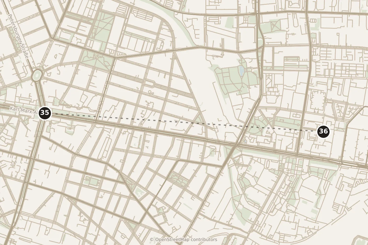 Map of Berlin, day six · stop 36: stop 36, numbered in walking order.