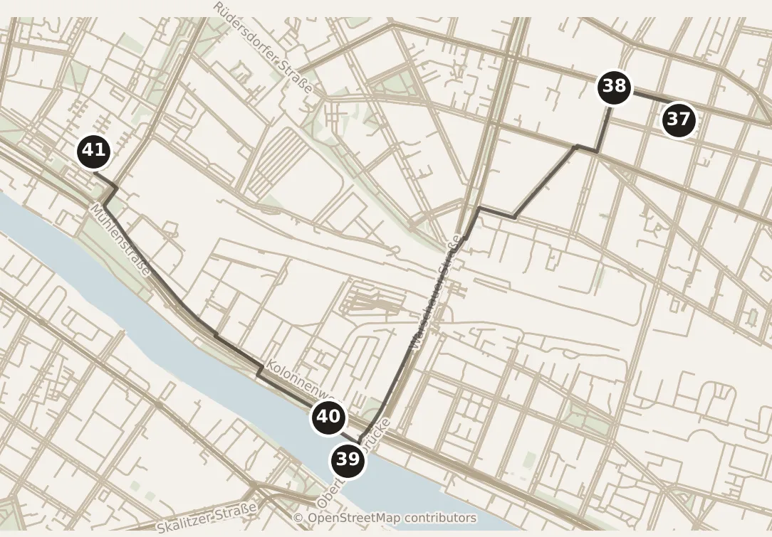 Map of Berlin, day six · stops 37–41: stops 37–41, numbered in walking order.