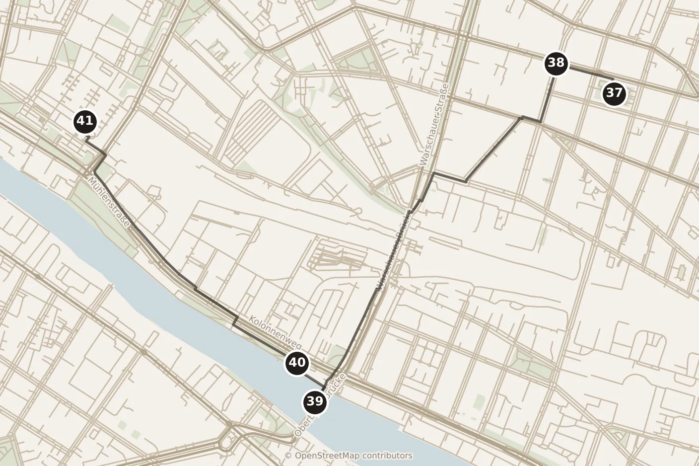 Map of Berlin, day six · stops 37–41: stops 37–41, numbered in walking order.