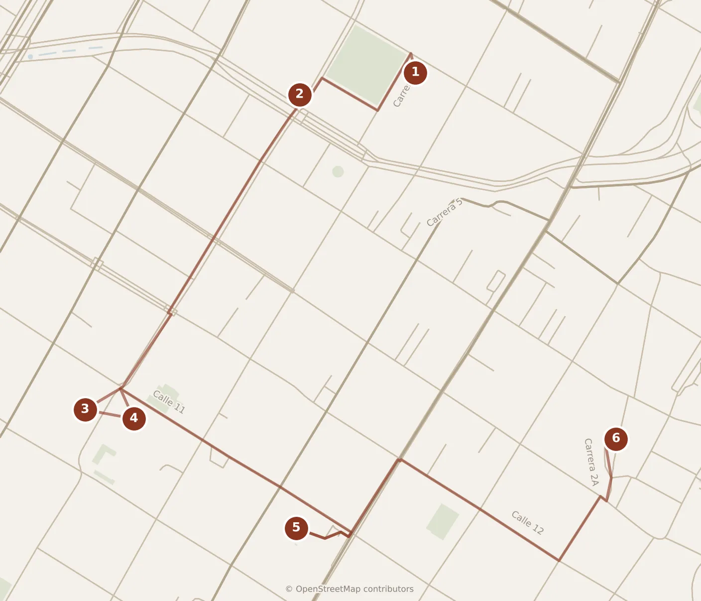 Map of Bogotá, morning and afternoon: stops 1–6, numbered in walking order.