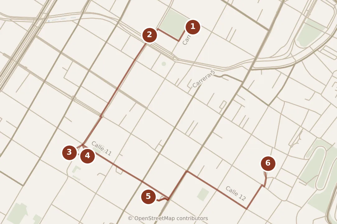 Map of Bogotá, morning and afternoon: stops 1–6, numbered in walking order.