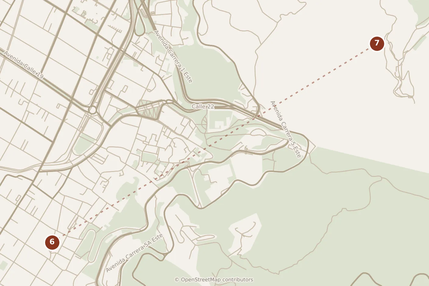 Map of Bogotá, evening: stop 7, numbered in walking order.