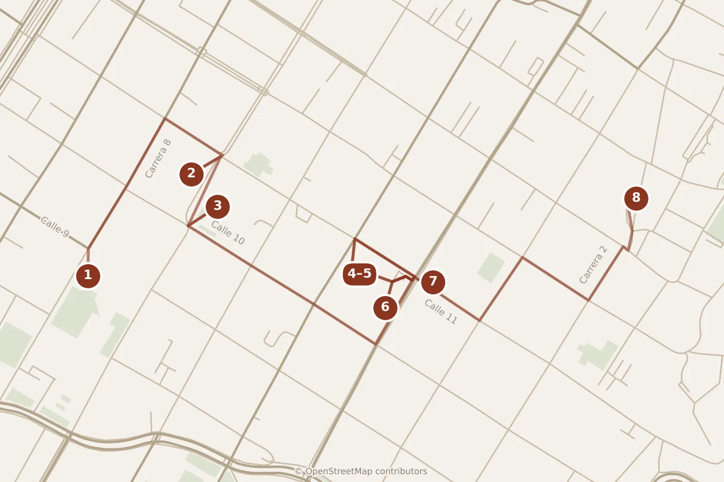 Map of Bogotá, day one: stops 1–8, numbered in walking order.