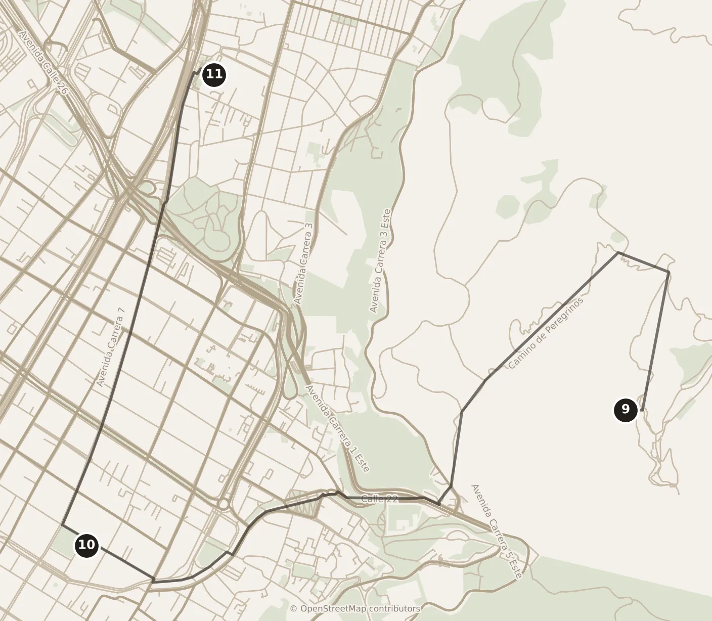 Map of Bogotá, morning and afternoon: stops 9–11, numbered in walking order.