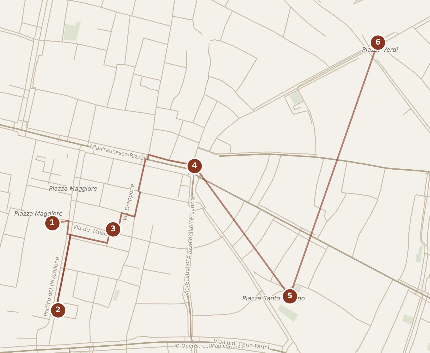 Map of Bologna, the day: stops 1–6, numbered in walking order.