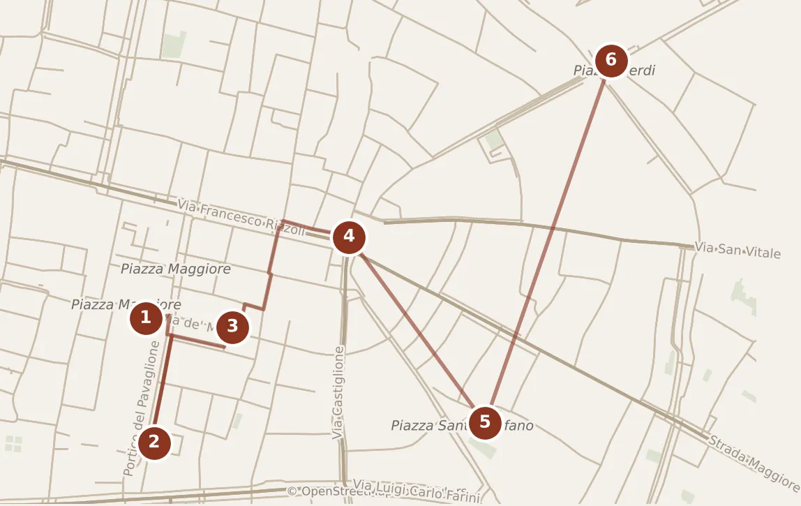 Map of Bologna, the day: stops 1–6, numbered in walking order.