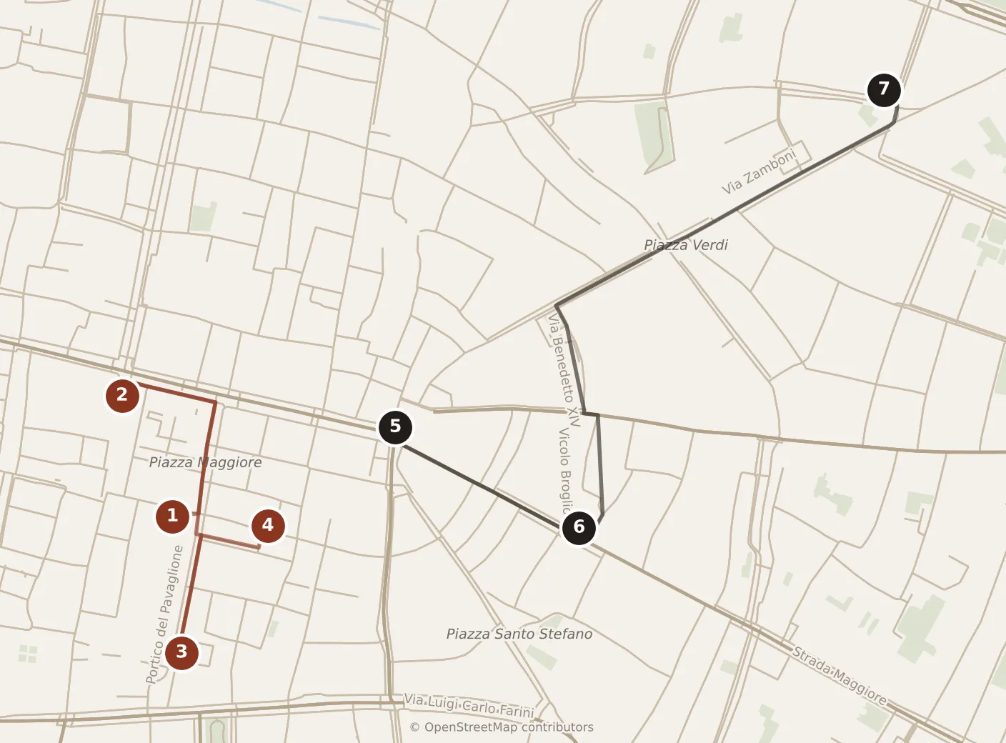 Map of Bologna, day one and day two: stops 1–7, numbered in walking order.