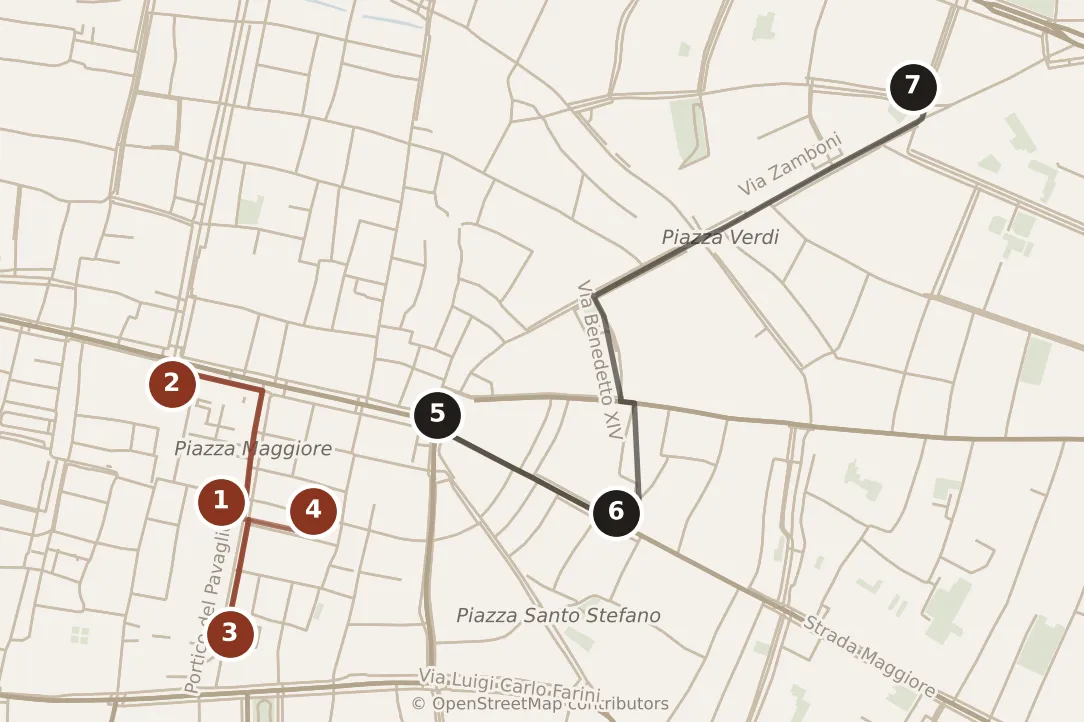 Map of Bologna, day one and day two: stops 1–7, numbered in walking order.