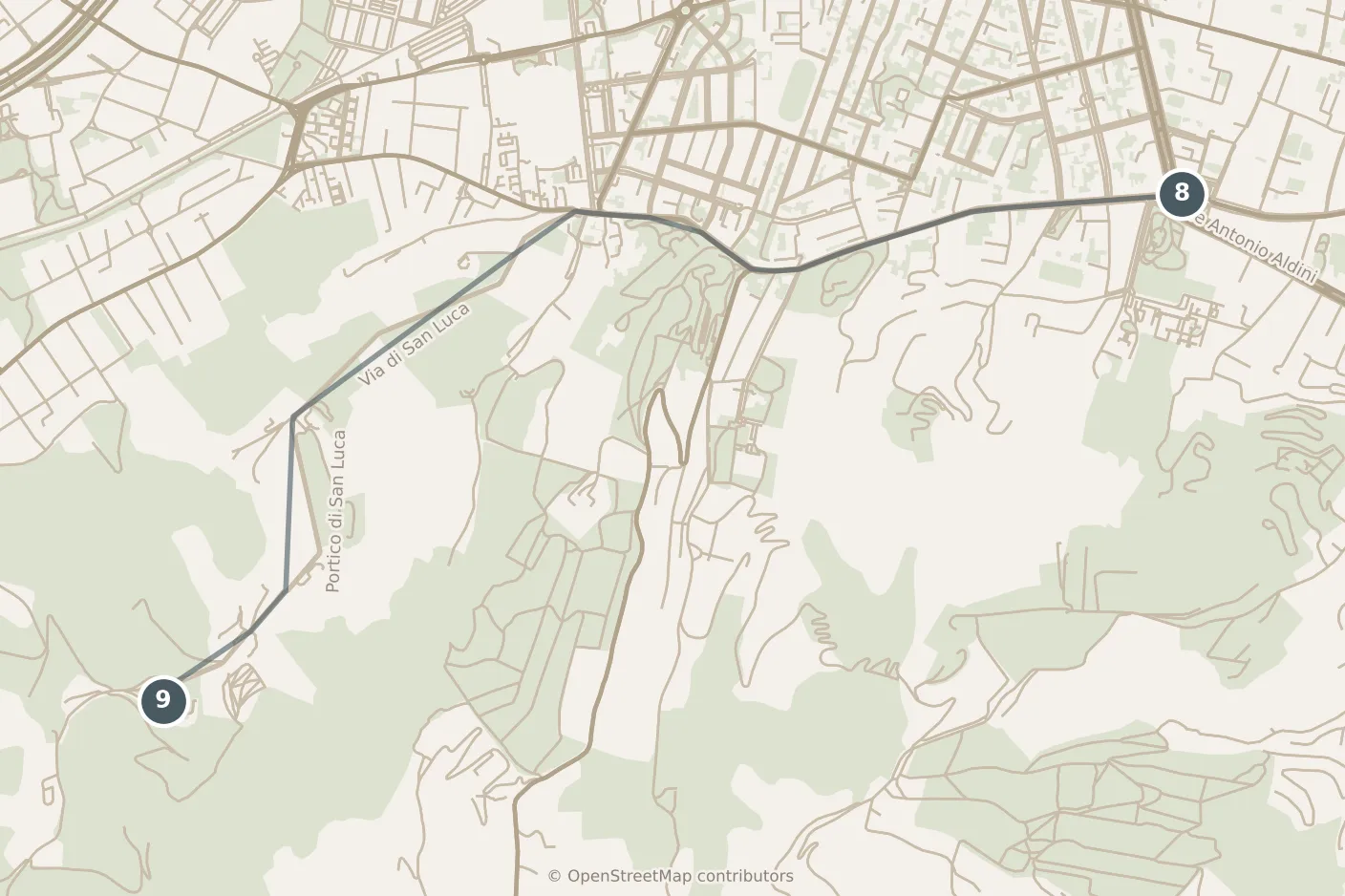 Map of Bologna, with a third day: stops 8–9, numbered in walking order.