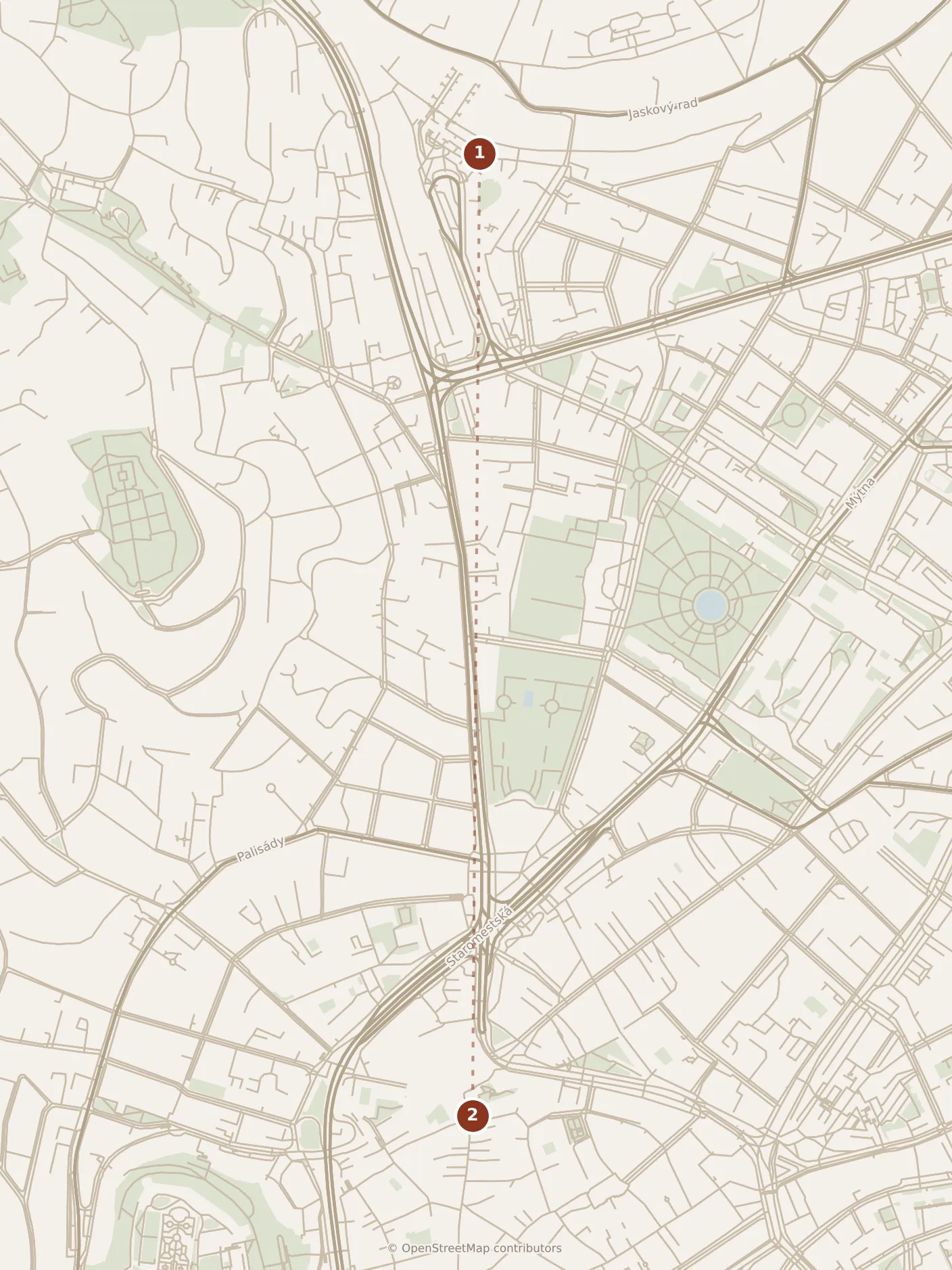 Map of Bratislava, morning: stop 1, numbered in walking order.