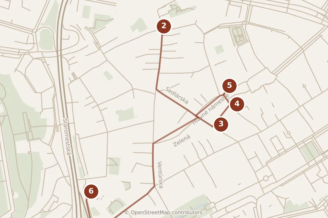 Map of Bratislava, morning: stops 2–6, numbered in walking order.