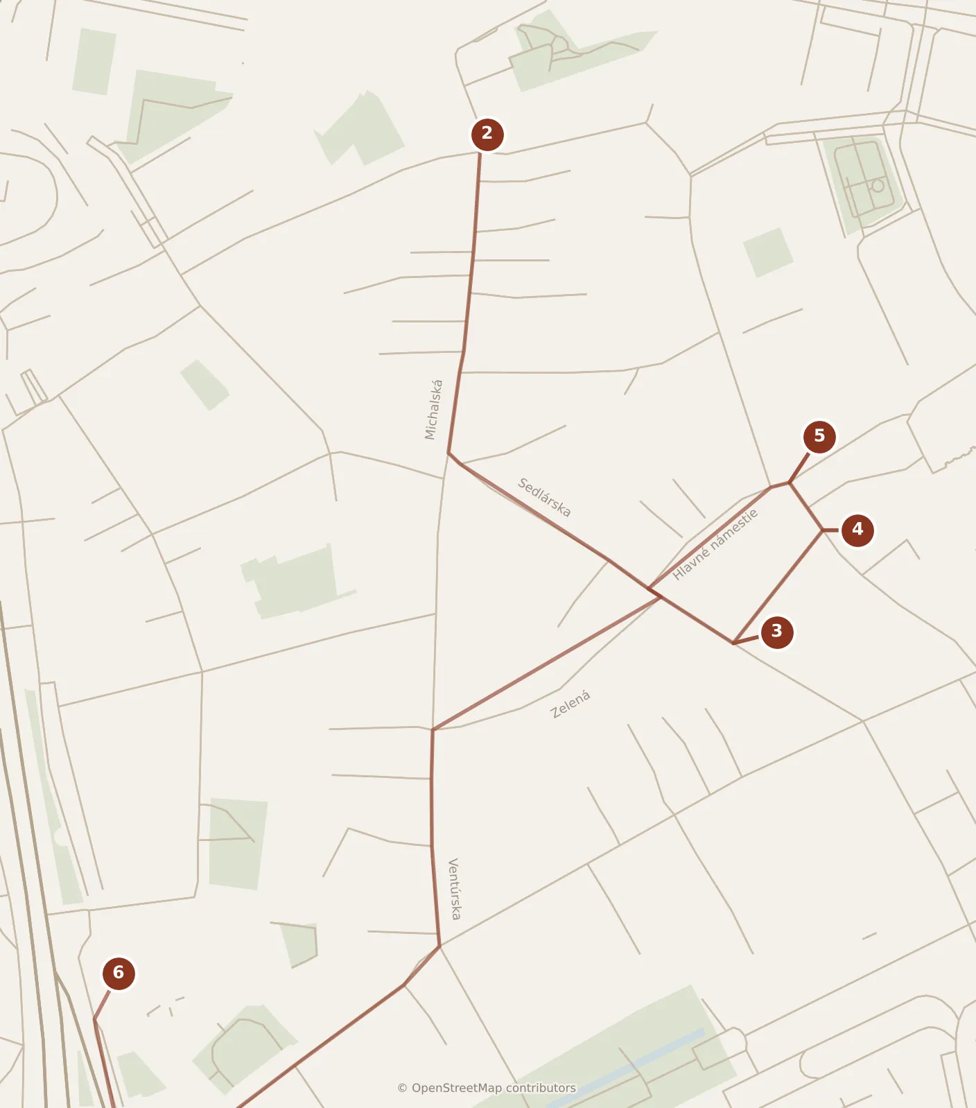 Map of Bratislava, morning: stops 2–6, numbered in walking order.