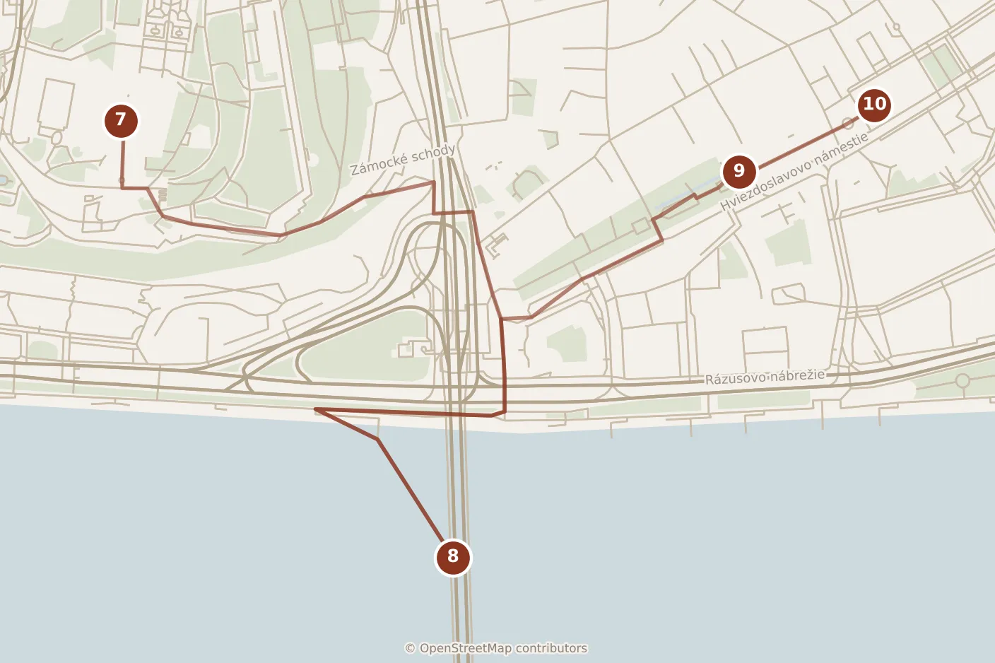 Map of Bratislava, afternoon and evening: stops 7–10, numbered in walking order.