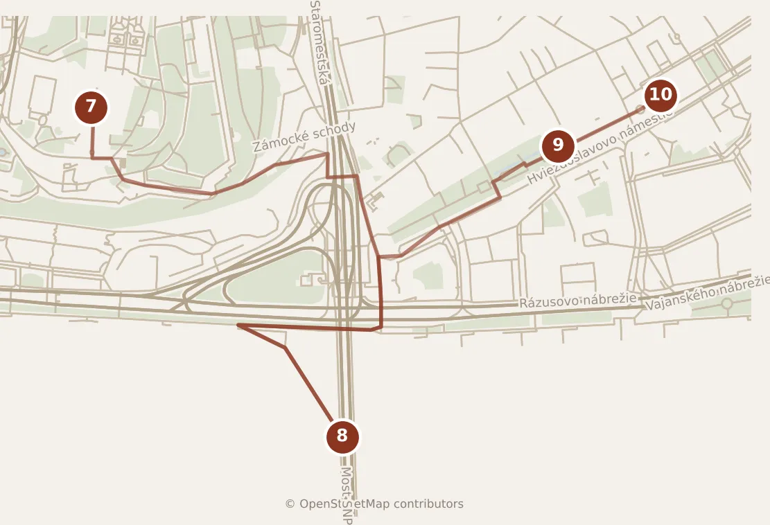 Map of Bratislava, afternoon and evening: stops 7–10, numbered in walking order.