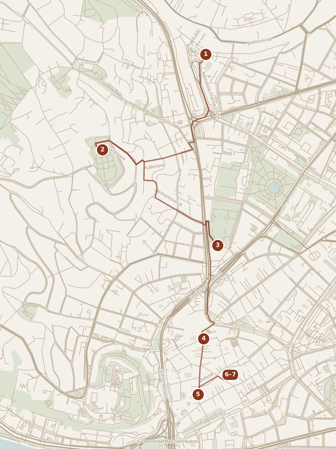Map of Bratislava, morning: stops 1–7, numbered in walking order.