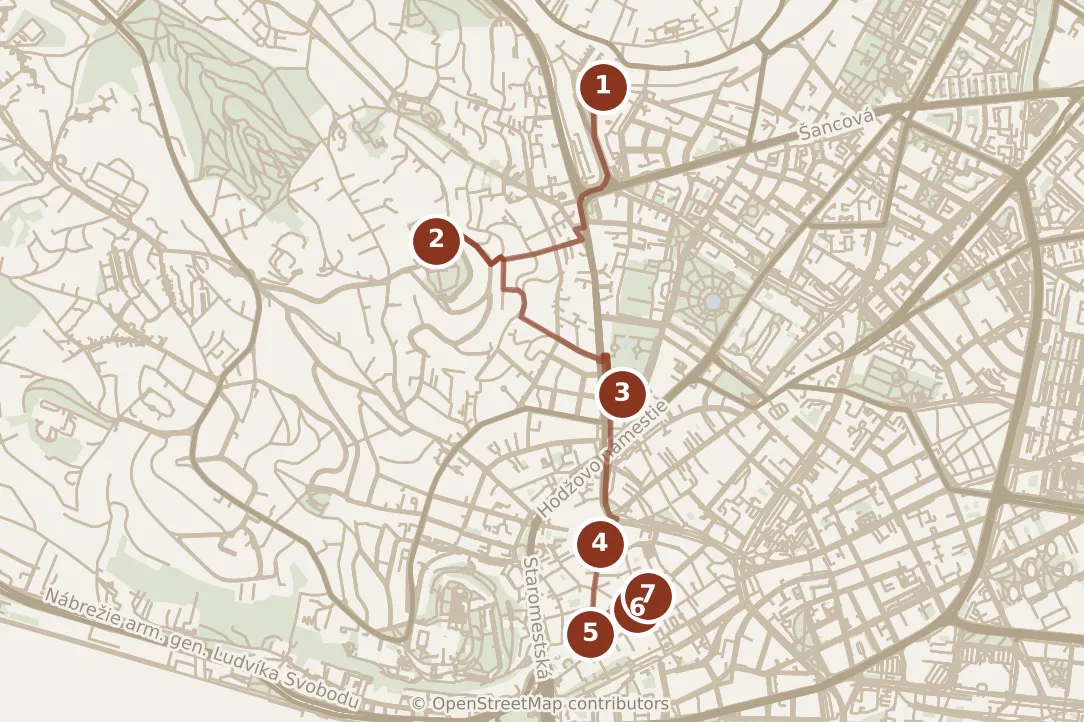 Map of Bratislava, morning: stops 1–7, numbered in walking order.