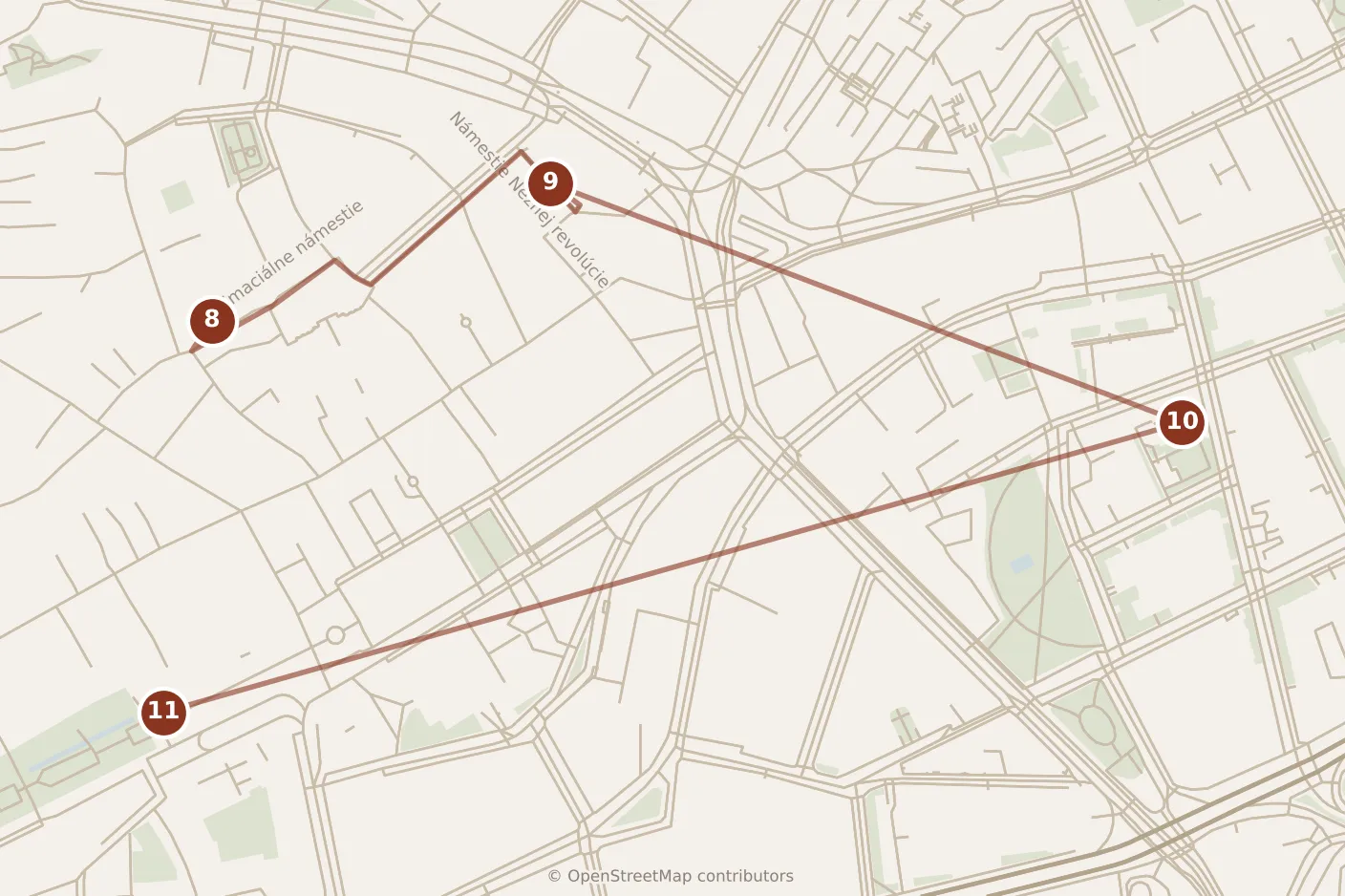 Map of Bratislava, afternoon and evening: stops 8–11, numbered in walking order.