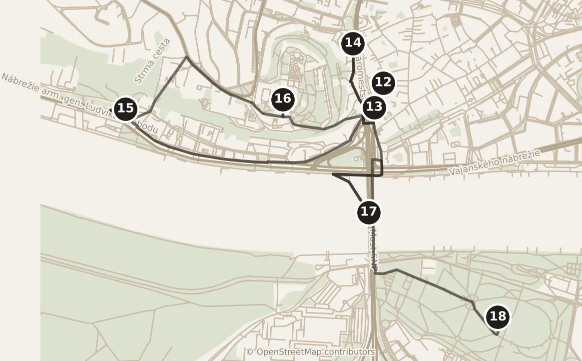 Map of Bratislava, day two: stops 12–18, numbered in walking order.