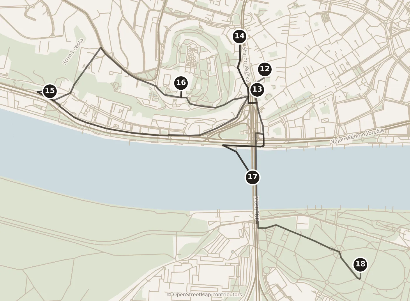 Map of Bratislava, day two: stops 12–18, numbered in walking order.